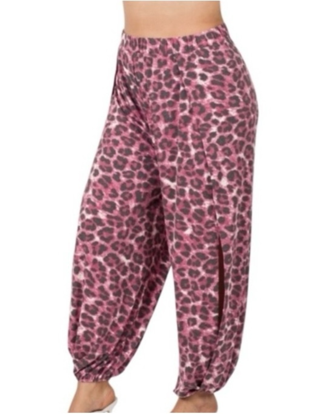 #93 Zenana Outfitters Rose Leopard-Print Side-Slit Joggers